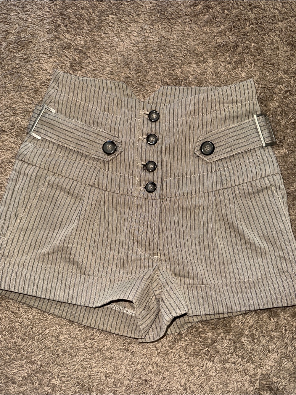 Topshop 25in Waist High-Waist Pinstripe Vintage Unique Shorts in Taupe New